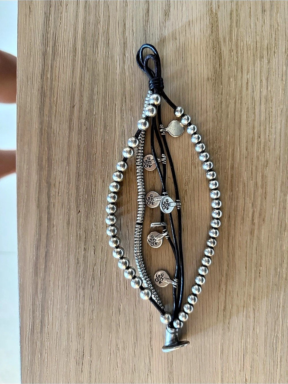 Uno de 50 leather Beaded Charm Bracelet in Silver
